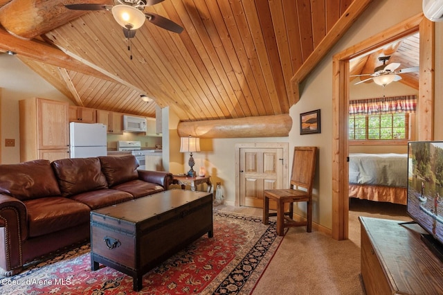 271 W Shore Ln, Sandpoint, ID 83864 - living area featuring a ceiling fan, wooden ceiling, light colored carpet, and baseboards