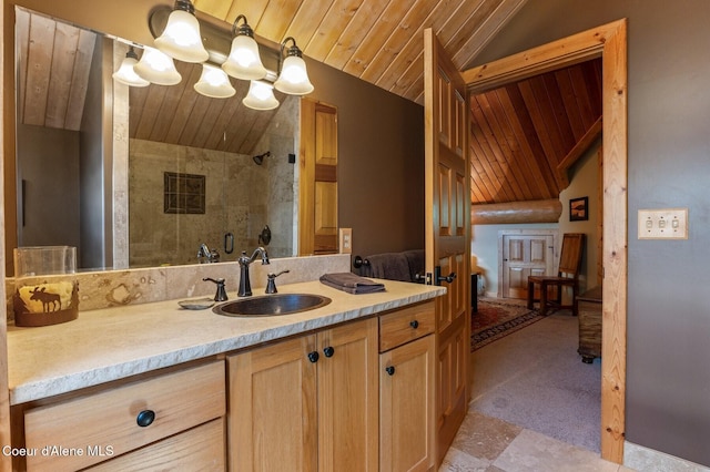 271 W Shore Ln, Sandpoint, ID 83864 - full bathroom with lofted ceiling, wooden ceiling, a shower stall, and vanity