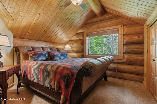 271 W Shore Ln, Sandpoint, ID 83864 - bedroom featuring log walls, carpet floors, vaulted ceiling, and wooden ceiling