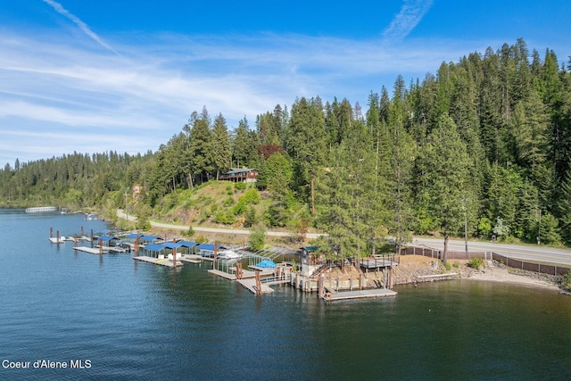 dock area with a view of trees and a water view