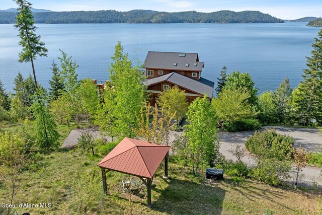 water view with mountains and a gazebo