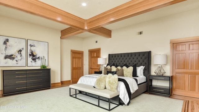 3361 Bottle Bay Rd, Sagle, ID 83860 - bedroom featuring beam ceiling, light wood-style floors, and recessed lighting