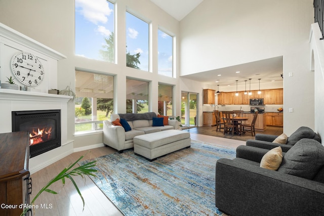 22385 N Ranch View Dr, Rathdrum, ID 83858 - living room featuring a towering ceiling, light wood finished floors, a glass covered fireplace, and baseboards