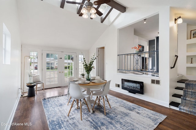 131 Ord Blvd, Nampa, ID 83686 - dining space featuring a ceiling fan, wood finished floors, french doors, baseboards, and beamed ceiling