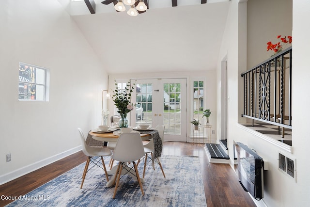 131 Ord Blvd, Nampa, ID 83686 - dining area featuring high vaulted ceiling, wood finished floors, a ceiling fan, baseboards, and french doors