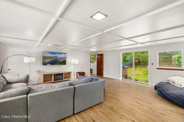 204 Sunrise Dr, Pinehurst, ID 83850 - living area featuring coffered ceiling, light wood finished floors, and baseboards