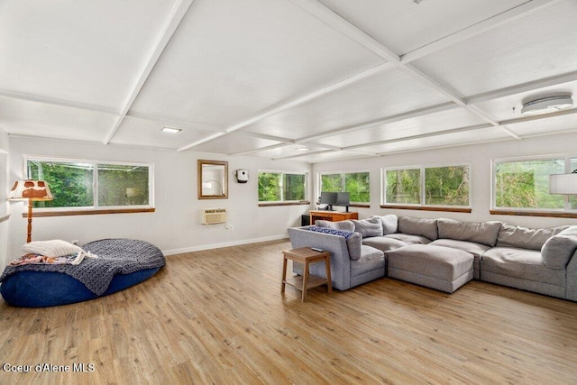 204 Sunrise Dr, Pinehurst, ID 83850 - living area with coffered ceiling, baseboards, light wood-style flooring, healthy amount of natural light, and beamed ceiling