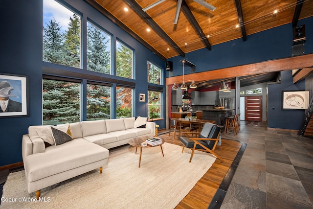 11679 N Avondale Loop, Hayden, ID 83835 - living area featuring wood ceiling, beam ceiling, baseboards, and high vaulted ceiling
