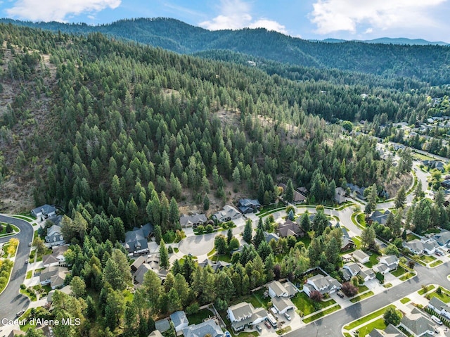 view of property location with a heavily wooded area and a mountainous background