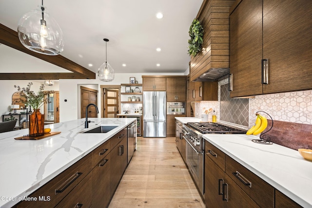 1230 E Amulet Cir, Rathdrum, ID 83858 - kitchen featuring stainless steel appliances, a sink, open shelves, tasteful backsplash, and light wood-style floors