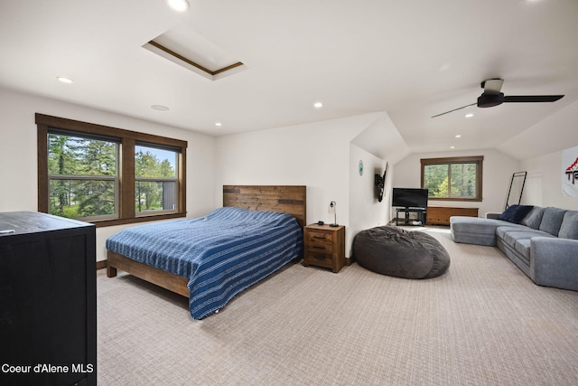 1230 E Amulet Cir, Rathdrum, ID 83858 - bedroom featuring attic access, carpet, lofted ceiling, a ceiling fan, and recessed lighting
