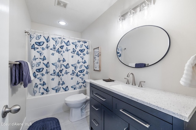 27464 N Timber Ridge Rd, Rathdrum, ID 83858 - bathroom with toilet, vanity, shower / bath combination with curtain, and tile patterned flooring