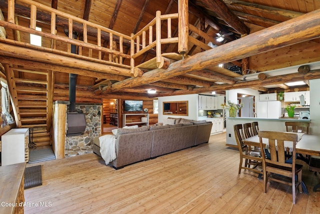 living area with a wood stove, log walls, light wood-style floors, and wood ceiling