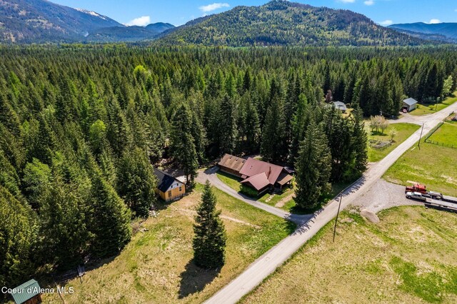 bird's eye view of a mountain backdrop and a heavily wooded area