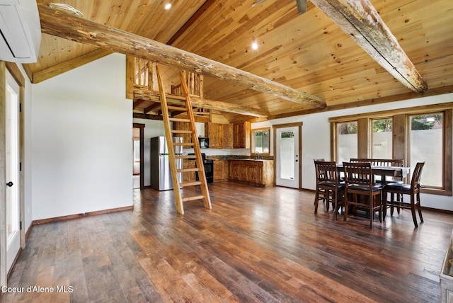 dining space featuring wooden ceiling, dark wood-style flooring, and baseboards