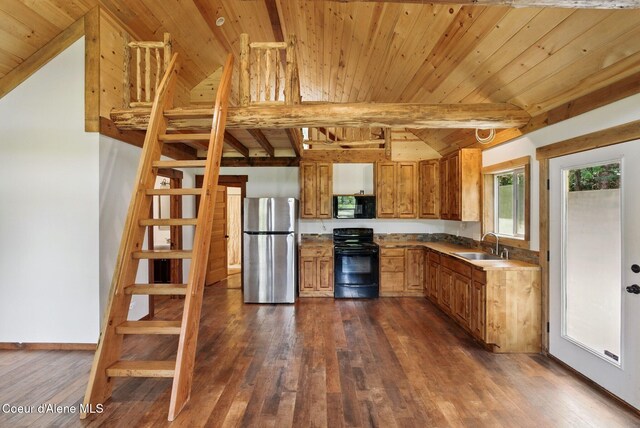 kitchen with black appliances, a sink, wood ceiling, dark wood-style floors, and brown cabinets