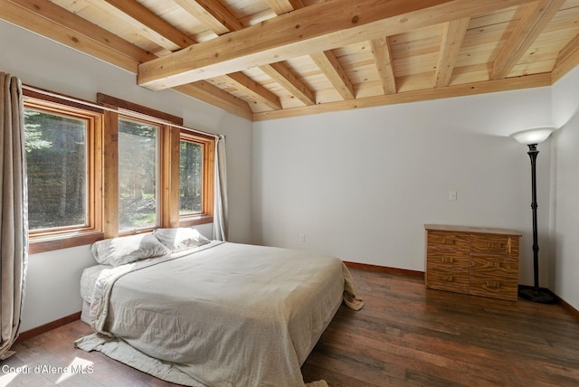 bedroom featuring beamed ceiling, wood ceiling, hardwood / wood-style flooring, and baseboards