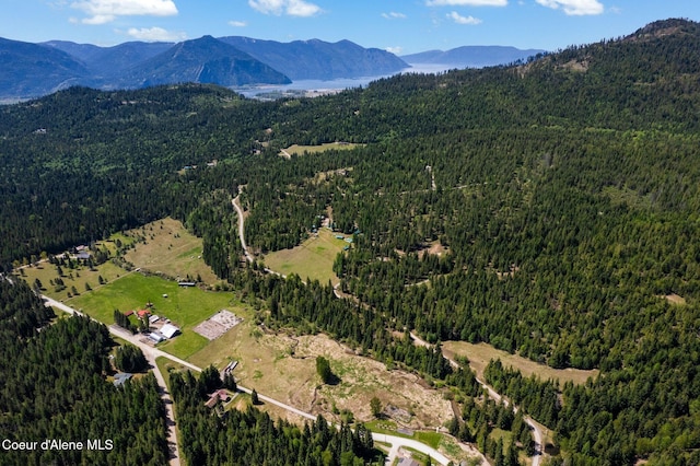 view of property location featuring a forest and a mountainous background