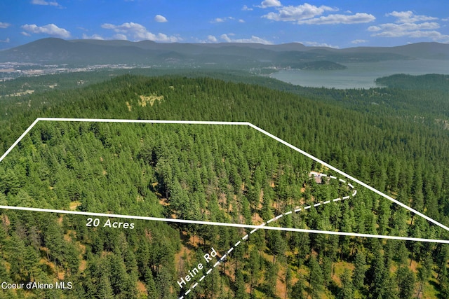 7177 W Heine Rd, Coeur Dalene, ID 83814 - aerial view of property's location featuring a heavily wooded area, mountains, and property parcel outlined