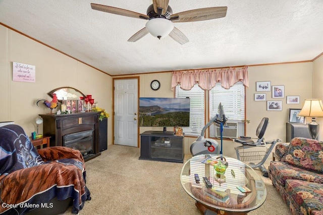911 French Gulch Rd, Kingston, ID 83839 - carpeted living room with crown molding, lofted ceiling, a textured ceiling, and a ceiling fan