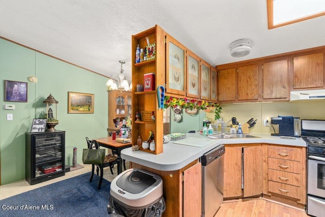 911 French Gulch Rd, Kingston, ID 83839 - kitchen with appliances with stainless steel finishes, a sink, under cabinet range hood, light countertops, and wine cooler