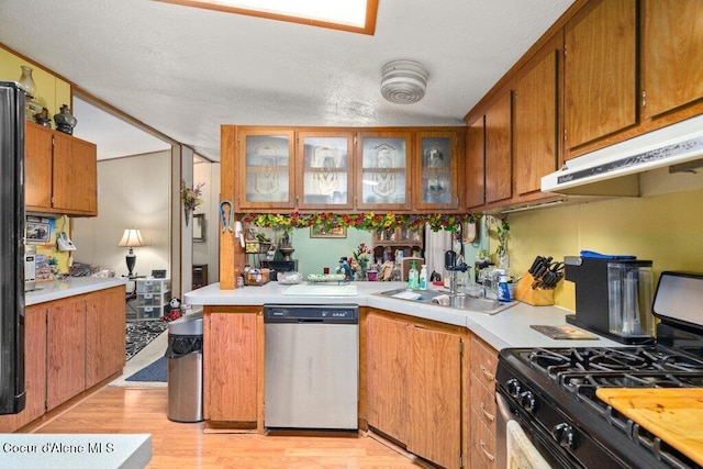 911 French Gulch Rd, Kingston, ID 83839 - kitchen with stainless steel appliances, light countertops, under cabinet range hood, light wood-type flooring, and a sink