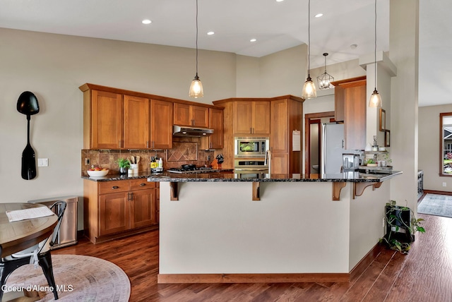 14097 N Pristine Cir, Rathdrum, ID 83858 - kitchen with under cabinet range hood, stainless steel appliances, brown cabinetry, a towering ceiling, and a breakfast bar