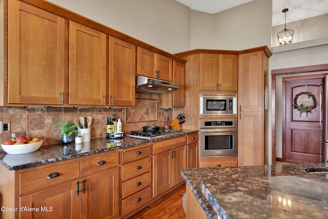 14097 N Pristine Cir, Rathdrum, ID 83858 - kitchen with appliances with stainless steel finishes, under cabinet range hood, brown cabinetry, and decorative backsplash