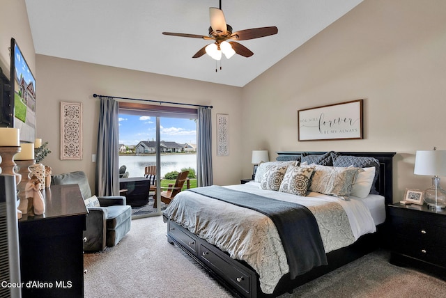 14097 N Pristine Cir, Rathdrum, ID 83858 - carpeted bedroom with access to outside, lofted ceiling, a water view, and ceiling fan