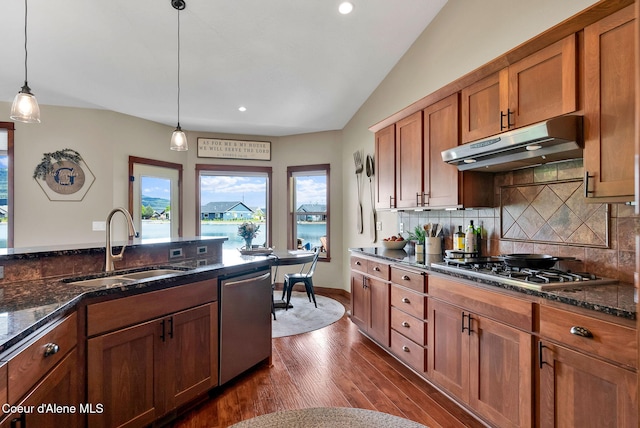 14097 N Pristine Cir, Rathdrum, ID 83858 - kitchen featuring under cabinet range hood, stainless steel appliances, a sink, brown cabinets, and tasteful backsplash