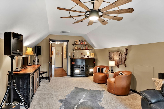 17940 W Sheltered Ct, Hauser, ID 83854 - sitting room with a ceiling fan, light colored carpet, and lofted ceiling