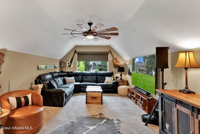 17940 W Sheltered Ct, Hauser, ID 83854 - carpeted living area with a ceiling fan and vaulted ceiling