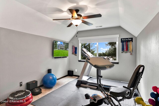 17940 W Sheltered Ct, Hauser, ID 83854 - workout area with lofted ceiling, a ceiling fan, and baseboards