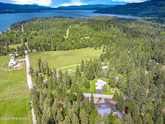 aerial view of property's location with a forest and a water and mountain view