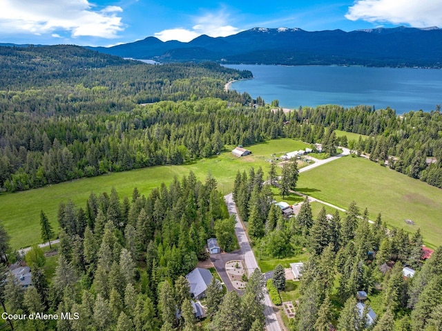 aerial view of property's location featuring a heavily wooded area and a water and mountain view