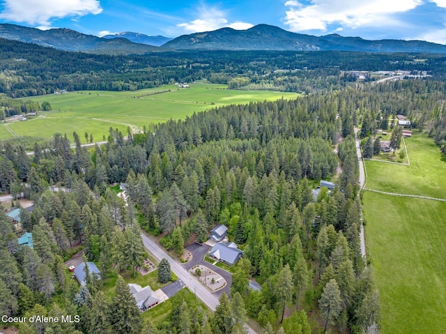 view of property location with a heavily wooded area and a mountain backdrop
