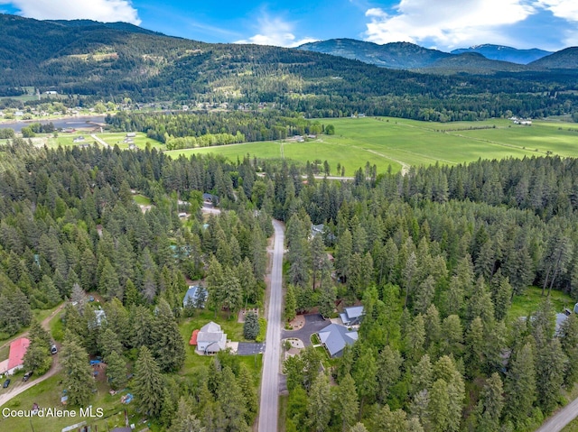 aerial view of property and surrounding area featuring a heavily wooded area and mountains