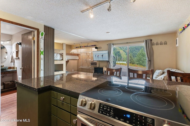 495 NW Psge # 103, Sandpoint, ID 83864 - kitchen with tile counters, electric range, wood finished floors, track lighting, and a textured ceiling