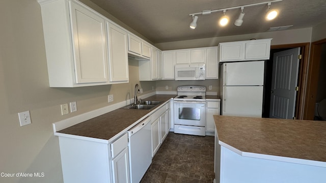 1374 N Kaleigh Ct, Coeur Dalene, ID 83814 - kitchen featuring white appliances, white cabinetry, stone finish floors, and dark countertops