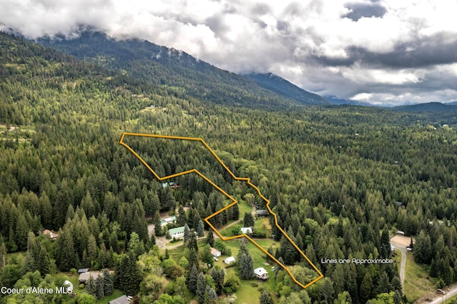 aerial view of property and surrounding area featuring a heavily wooded area, mountains, and property boundaries highlighted