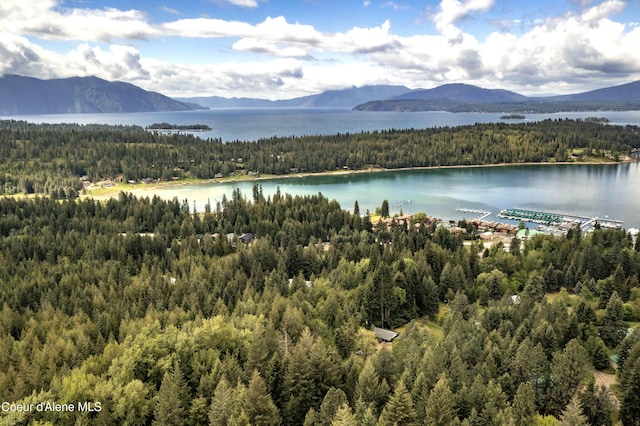 drone / aerial view of a heavily wooded area and a water and mountain view