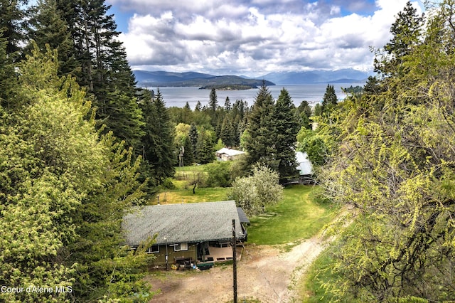 view of subject property featuring a water and mountain view and a heavily wooded area