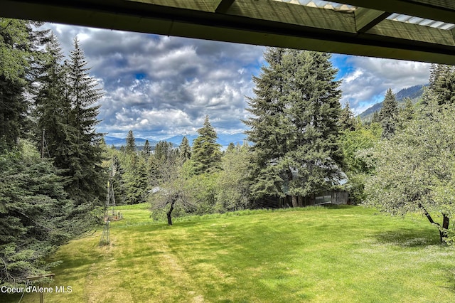 view of grassy yard featuring a view of trees and a mountain view