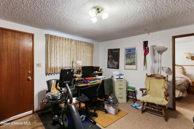 carpeted office with a textured ceiling