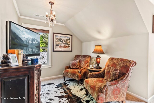 619 N Florence Ave, Sandpoint, ID 83864 - sitting room with carpet floors, baseboards, vaulted ceiling, and a chandelier