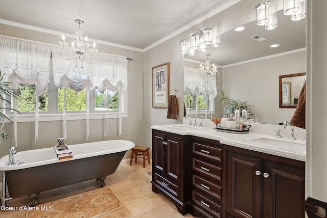 619 N Florence Ave, Sandpoint, ID 83864 - bathroom with a chandelier, a soaking tub, plenty of natural light, double vanity, and ornamental molding