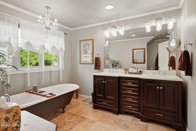 619 N Florence Ave, Sandpoint, ID 83864 - bathroom featuring a soaking tub, a chandelier, ornamental molding, double vanity, and recessed lighting