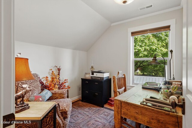 619 N Florence Ave, Sandpoint, ID 83864 - office with lofted ceiling, crown molding, and baseboards