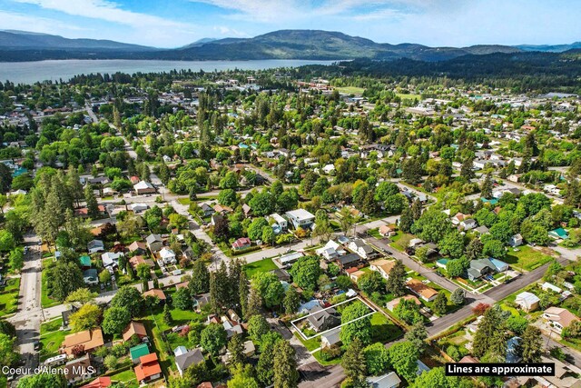 619 N Florence Ave, Sandpoint, ID 83864 - aerial overview of property's location featuring a water and mountain view and nearby suburban area