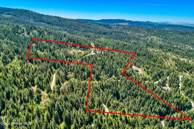 aerial view of property and surrounding area with a heavily wooded area, mountains, and property boundaries highlighted